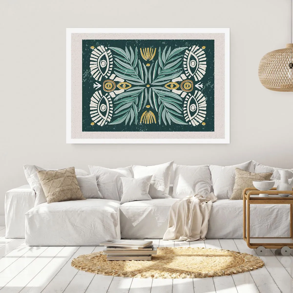 Affiche - Poster - Motif végétal symétrique sur fond vert - 100x70cm - Comme une découpe folklorique - Décoration murale moderne pour le salon et la chambre ARTTOR