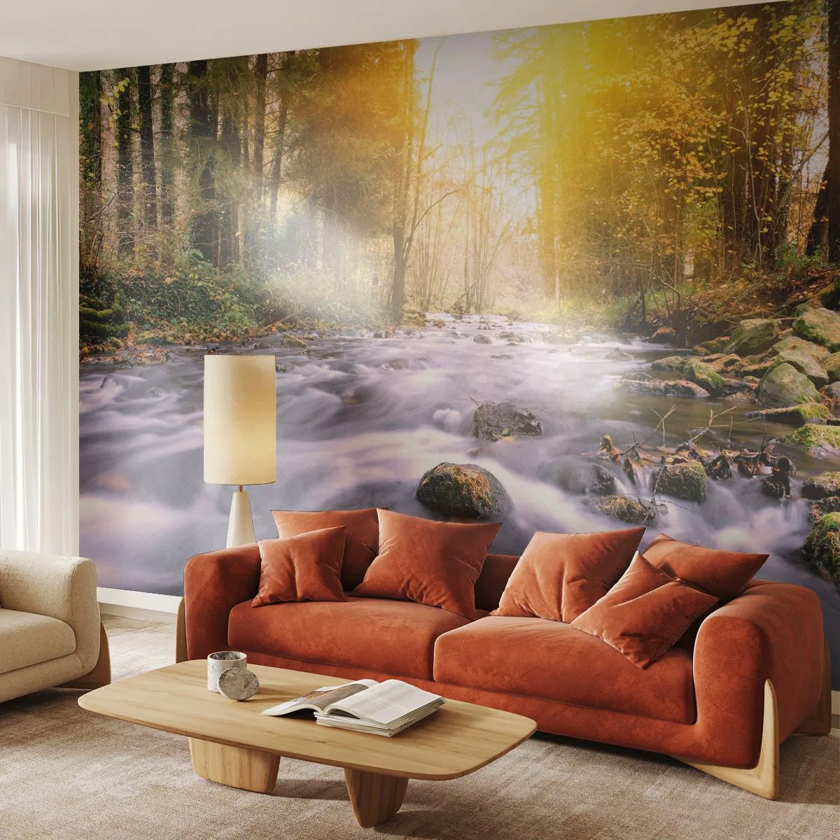 Papier Peint Photo Premium Sand - Un ruisseau de montagne dans une forêt d'automne au coucher du soleil - 100x70cm - Malachite dans un cadre argent et or - Décoration murale moderne pour le salon et la chambre ARTTOR
