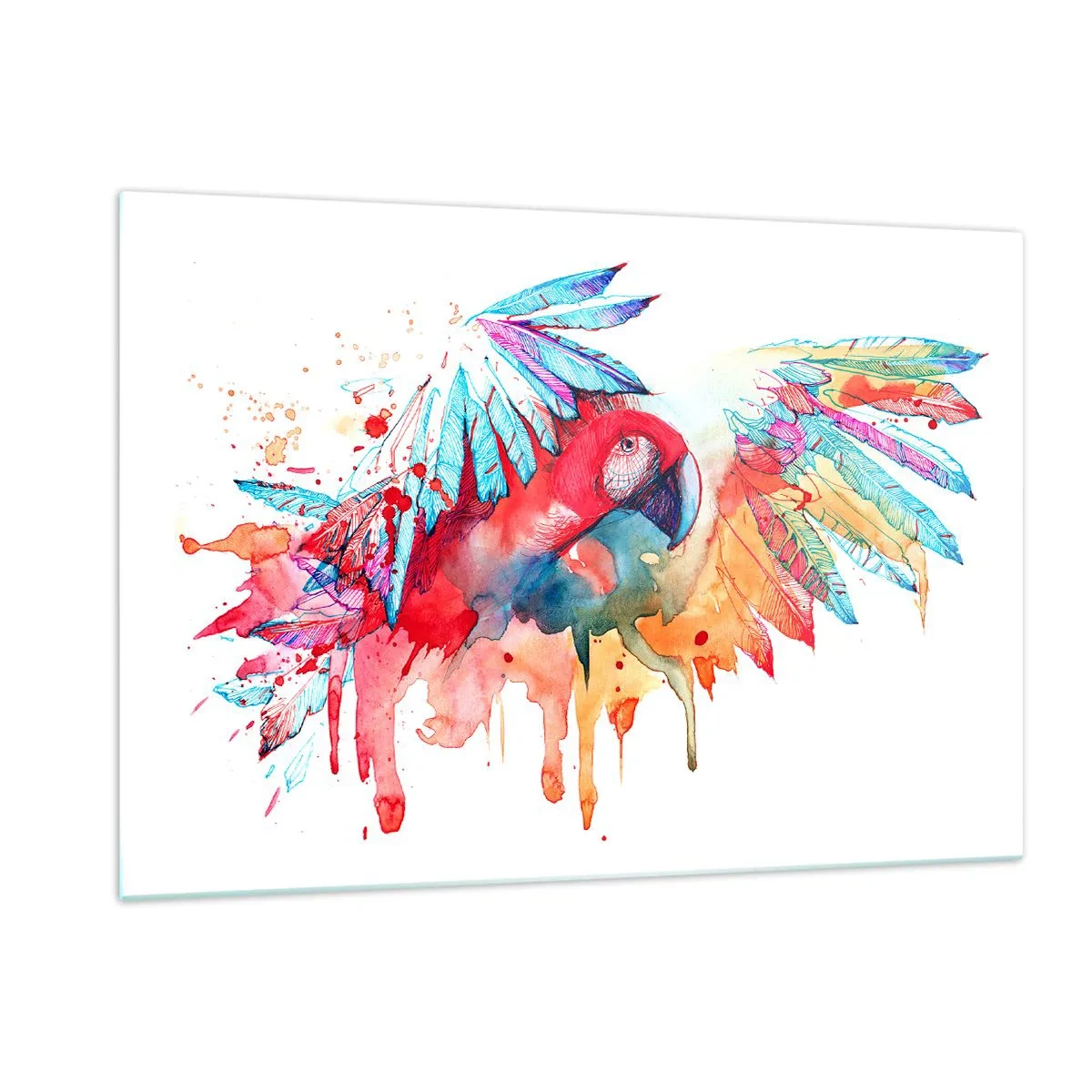 Impression sur verre - Image sur verre - Perroquet aquarelle coloré aux ailes déployées - 120x80cm - Perroquets colorés - Décoration murale moderne pour le salon et la chambre ARTTOR
