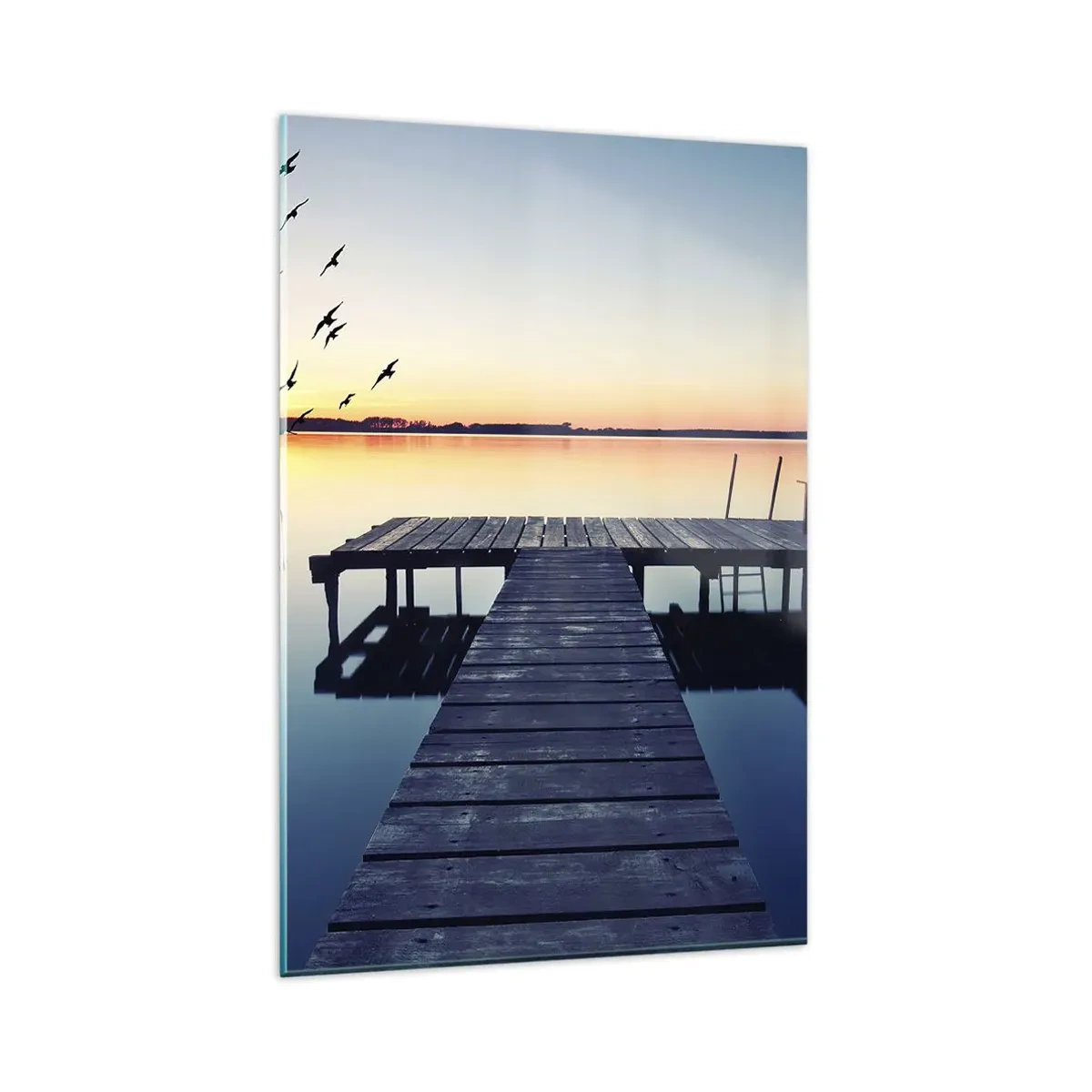 Impression sur verre - Image sur verre - Jetée en bois sur un lac au lever du soleil avec des oiseaux - 80x120cm - C'était une bonne journée - Décoration murale moderne pour le salon et la chambre ARTTOR