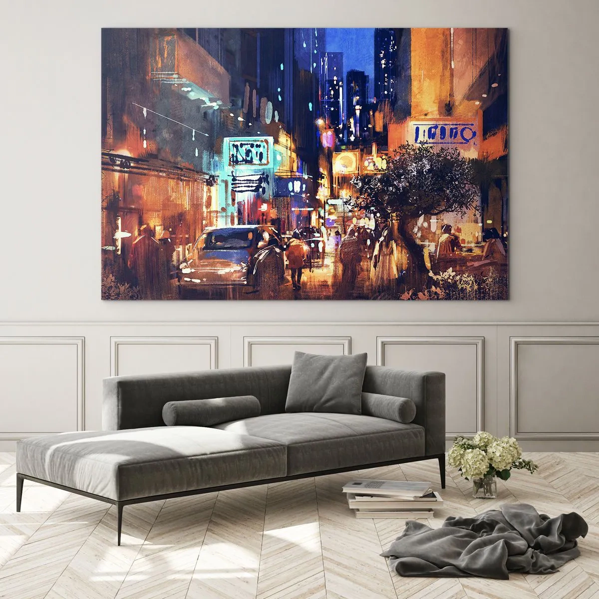Impression sur verre - Image sur verre - Scène de ville nocturne pittoresque avec néons et circulation routière - 100x70cm - Et la ville ne dort pas - Décoration murale moderne pour le salon et la chambre ARTTOR