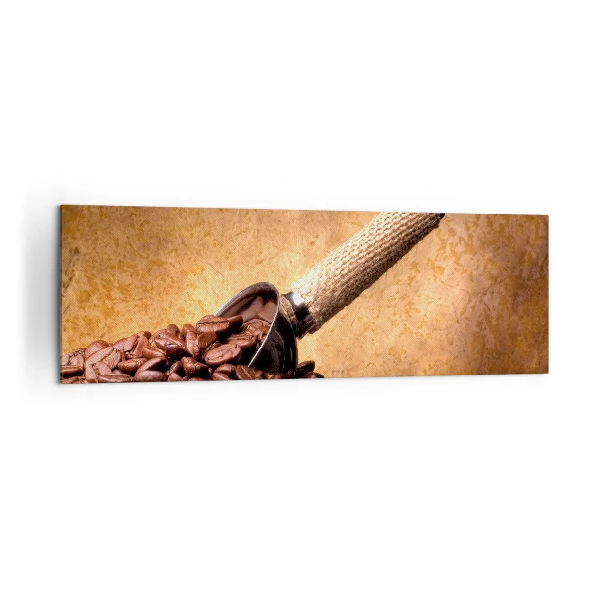 Impression sur toile - Image sur toile - Grains de café dans un sac en jute avec une cuillère en métal - 160x50cm - A la source de la saveur - Décoration murale moderne pour le salon et la chambre ARTTOR