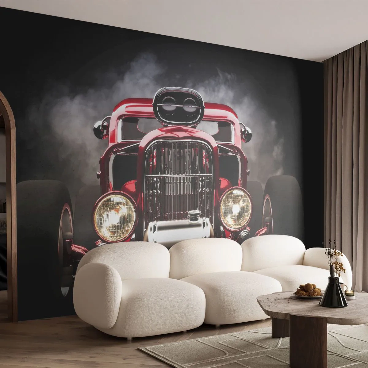 Papier Peint Photo Premium Canvas - Voiture de course classique rouge sur fond sombre - 100x70cm - Rapide et furieusement beau - Décoration murale moderne pour le salon et la chambre ARTTOR