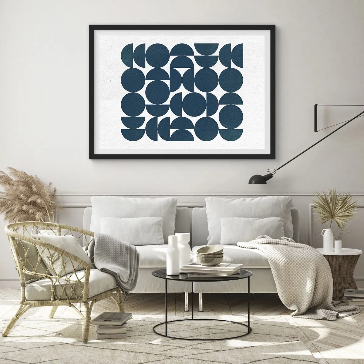 Affiche dans un cadre noir - Poster - Formes géométriques dans des tons bleu marine sur fond blanc - 70x50cm - Cercles et demi-cercles - Décoration murale moderne pour le salon et la chambre ARTTOR