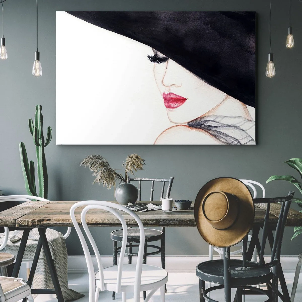 Impression sur toile - Image sur toile - Une illustration subtile d'une femme portant un chapeau noir et des lèvres rouges - 120x80cm - Élégance et sensualité - Décoration murale moderne pour le salon et la chambre ARTTOR