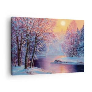 Impression sur toile - Image sur toile - Paysage d'hiver avec rivière et arbres au lever du soleil - 70x50cm - Couleurs d'hiver - Décoration murale moderne pour le salon et la chambre ARTTOR