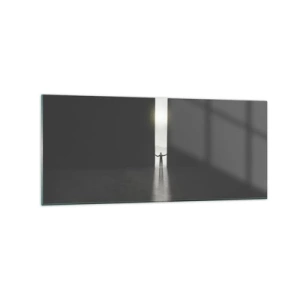 Impression sur verre - Image sur verre - Un homme debout dans la lumière d'une fente étroite dans un espace sombre - 120x50cm - Étape vers un avenir radieux - Décoration murale moderne pour le salon et la chambre ARTTOR