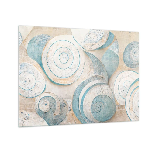 Impression sur verre - Image sur verre - Coquillages dans une palette bleue et beige sur un fond structuré - 70x50cm - Que cache la coque ? - Décoration murale moderne pour le salon et la chambre ARTTOR
