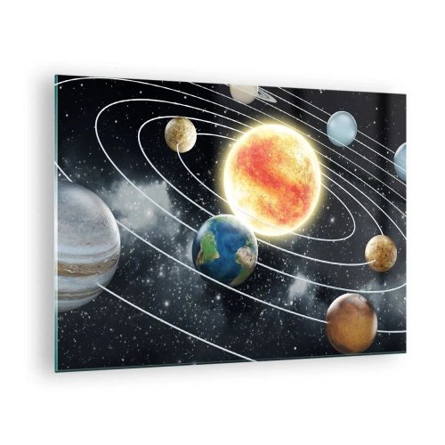 Impression sur verre - Image sur verre - Le système solaire avec ses planètes et ses orbites sur fond d'espace - 70x50cm - Danse cosmique - Décoration murale moderne pour le salon et la chambre ARTTOR