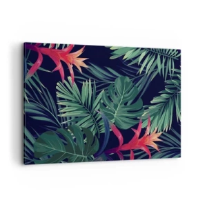 Impression sur toile - Image sur toile - Feuilles et fleurs tropicales sur fond sombre - 120x80cm - immergé dans la nature - Décoration murale moderne pour le salon et la chambre ARTTOR