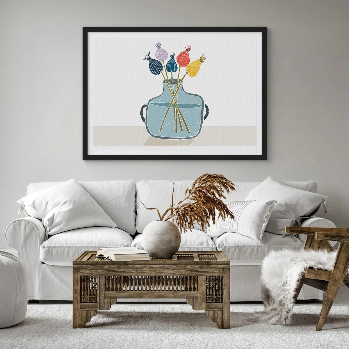 Affiche dans un cadre noir - Poster - Fleurs séchées colorées dans un vase sur fond blanc - 100x70cm - Comme s'il avait semé des graines de pavot - Décoration murale moderne pour le salon et la chambre ARTTOR