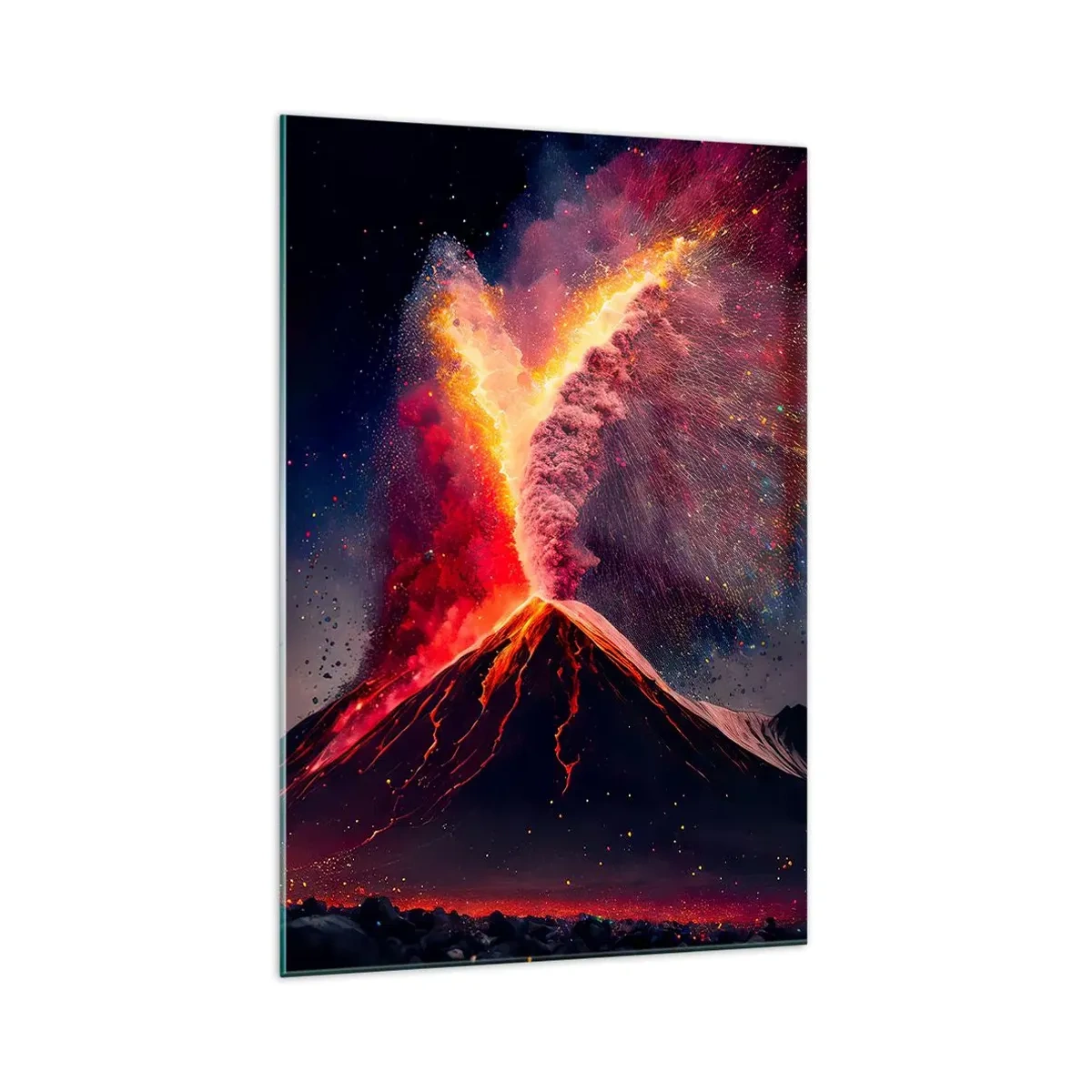 Impression sur verre - Image sur verre - Une éruption volcanique unique la nuit avec des couleurs dynamiques. - 70x100cm - Beauté et horreur - Décoration murale moderne pour le salon et la chambre ARTTOR