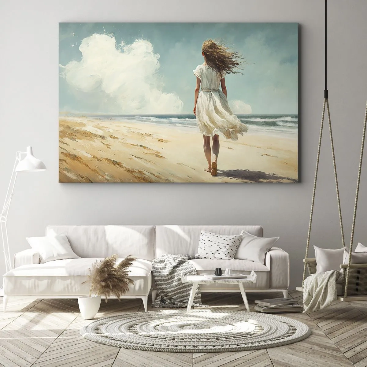 Impression sur toile - Image sur toile - Une femme en robe blanche marchant sur la plage par une journée ensoleillée - 120x80cm - Pour rencontrer le soleil et le vent - Décoration murale moderne pour le salon et la chambre ARTTOR