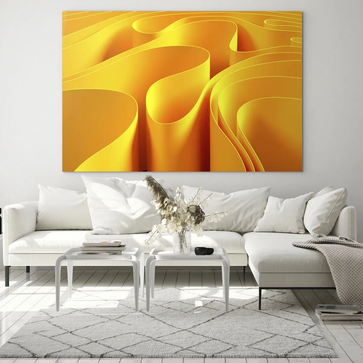 Impression sur verre - Image sur verre - Vagues abstraites dans des tons d'or et d'orange - 70x50cm - Comme les vagues du soleil - Décoration murale moderne pour le salon et la chambre ARTTOR