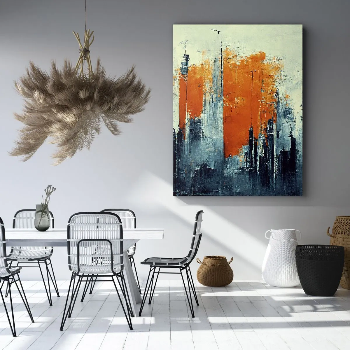 Impression sur toile - Image sur toile - Paysage urbain abstrait dans des tons orange et bleu - 80x120cm - Paysage moderne - Décoration murale moderne pour le salon et la chambre ARTTOR