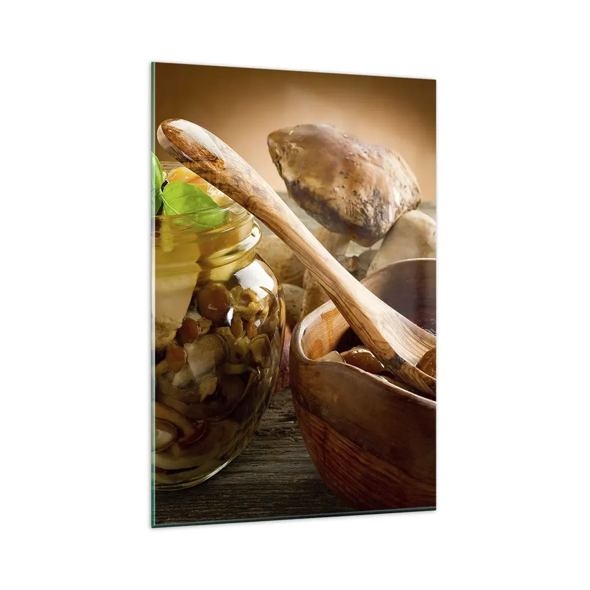 Impression sur verre - Image sur verre - Champignons naturels dans un bocal sur une table rustique - 80x120cm - Que ce soit frais ou salé, ou en automne... - Décoration murale moderne pour le salon et la chambre ARTTOR