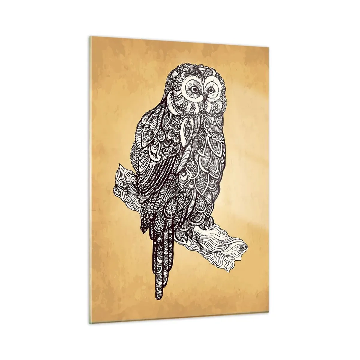 Impression sur verre - Image sur verre - Chouette de style ornemental sur fond sépia - 50x70cm - Ornements complexes de sagesse - Décoration murale moderne pour le salon et la chambre ARTTOR