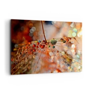 Impression sur toile - Image sur toile - Macrophotographie d'une goutte d'eau sur une plante délicate - 100x70cm - Enfilé sur un fil d'araignée - Décoration murale moderne pour le salon et la chambre ARTTOR