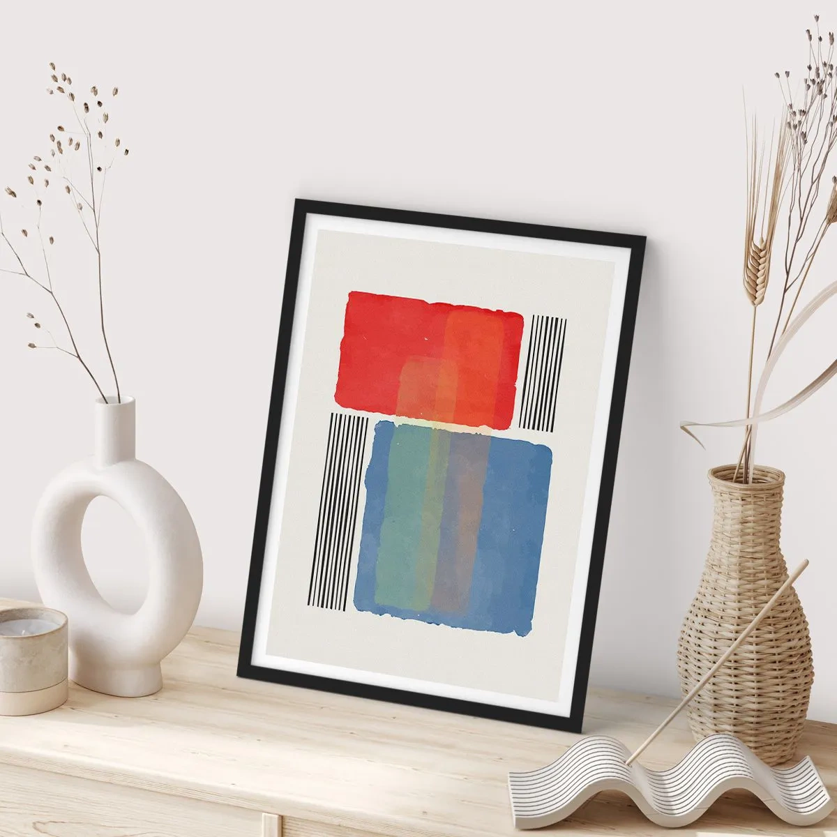 Affiche dans un cadre noir - Poster - Composition abstraite avec des rectangles rouges et bleus - 50x70cm - Esprit et lettre de la géométrie - Décoration murale moderne pour le salon et la chambre ARTTOR