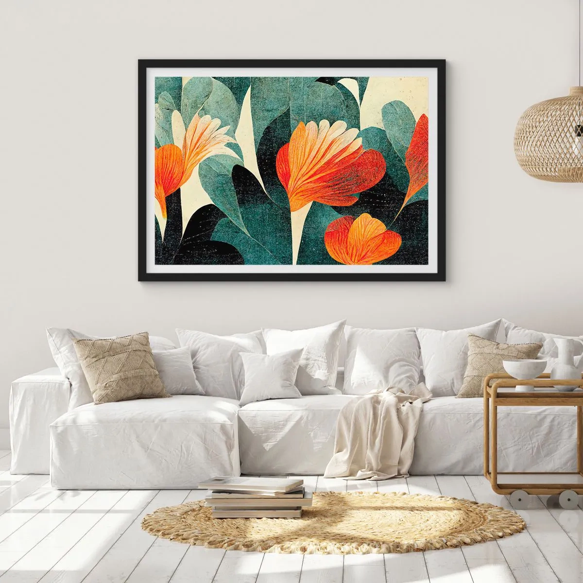 Affiche dans un cadre noir - Poster - Fleurs aux tons intenses d'orange et de vert - 70x50cm - La chaleur des tropiques et la fraîcheur de la verdure - Décoration murale moderne pour le salon et la chambre ARTTOR