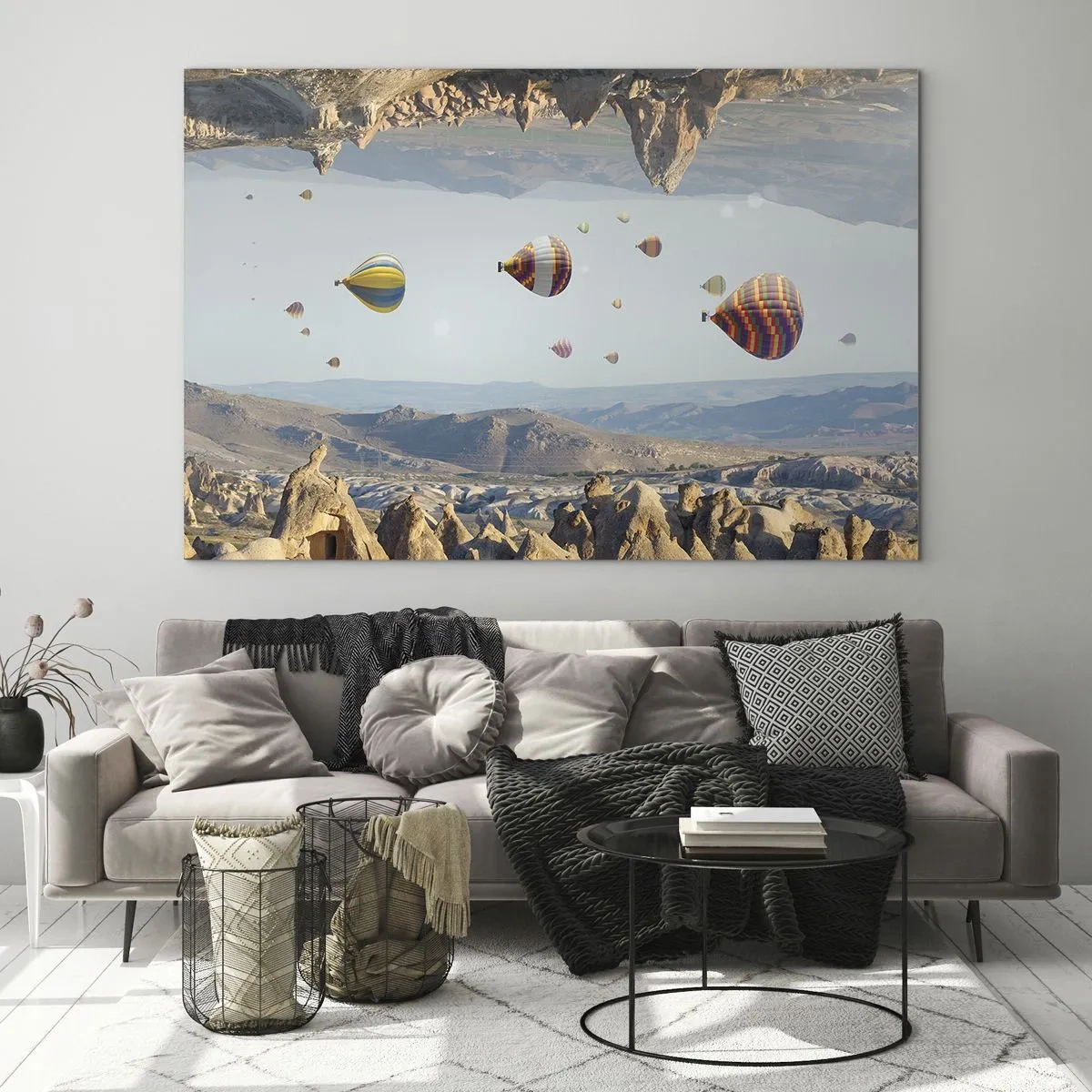 Impression sur verre - Image sur verre - Ballons colorés au-dessus du paysage rocheux de la Cappadoce - 100x70cm - Ici, tout est possible - Décoration murale moderne pour le salon et la chambre ARTTOR
