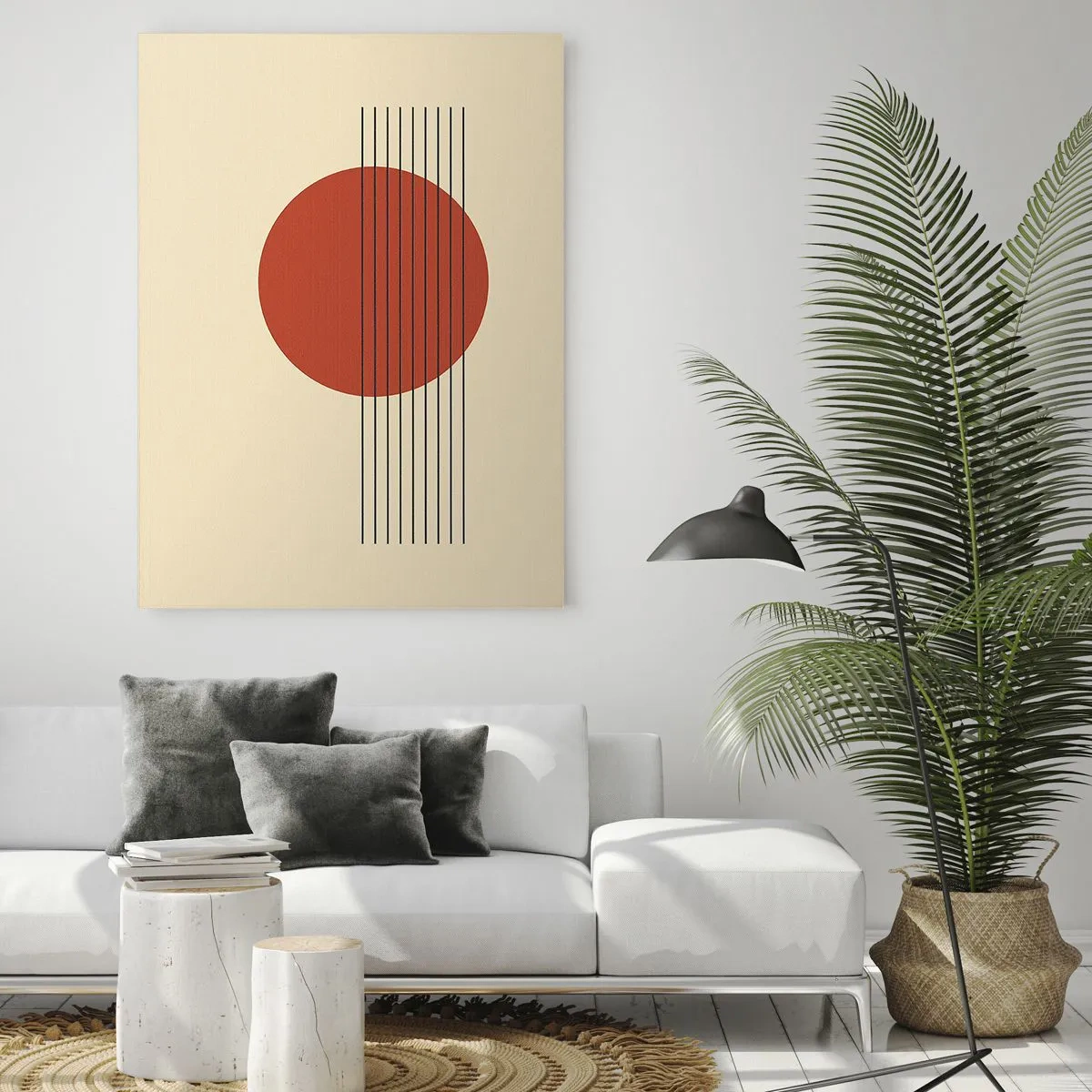 Impression sur verre - Image sur verre - Cercle rouge abstrait avec des lignes sur fond beige. - 70x100cm - Aux alentours et plus loin - Décoration murale moderne pour le salon et la chambre ARTTOR