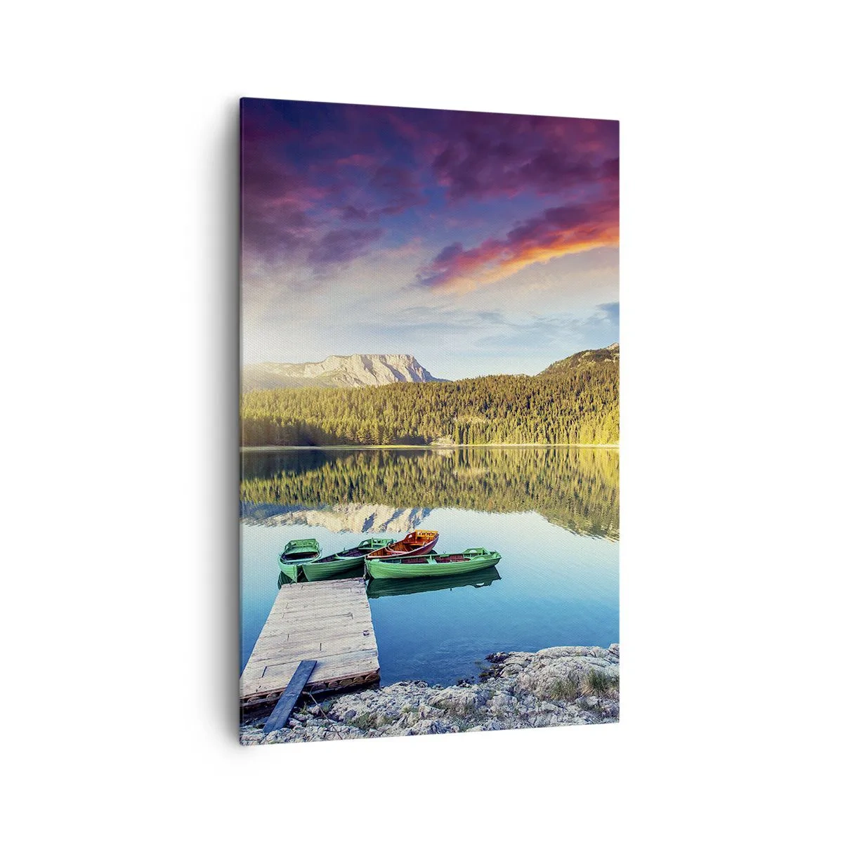 Impression sur toile - Image sur toile - Coucher de soleil sur le lac avec des bateaux à l'embarcadère - 80x120cm - Aussi lisse qu'un miroir au-dessus de l'eau - Décoration murale moderne pour le salon et la chambre ARTTOR