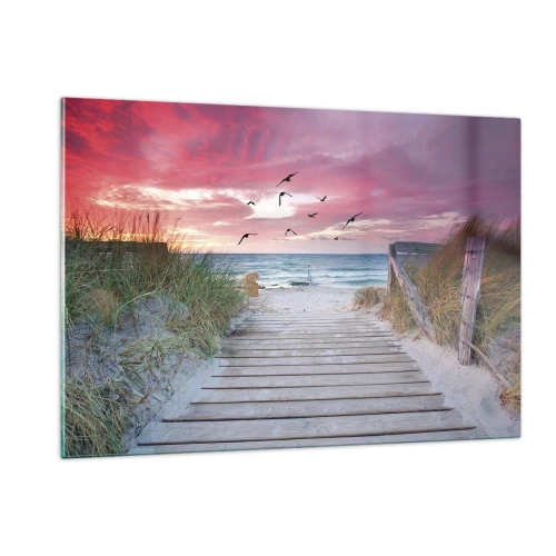 Impression sur verre - Image sur verre - Chemin vers la plage au coucher du soleil avec des oiseaux qui volent - 120x80cm - Impression de la Baltique - Décoration murale moderne pour le salon et la chambre ARTTOR