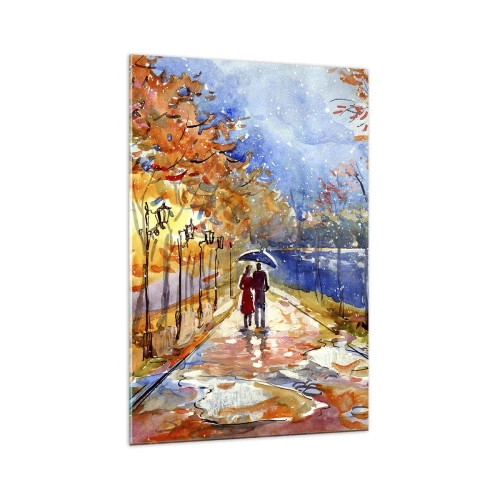 Impression sur verre - Image sur verre - Une promenade d'automne dans le parc au bord de la rivière sous un parasol - 70x100cm - Ensemble jusqu'au bout du temps - Décoration murale moderne pour le salon et la chambre ARTTOR
