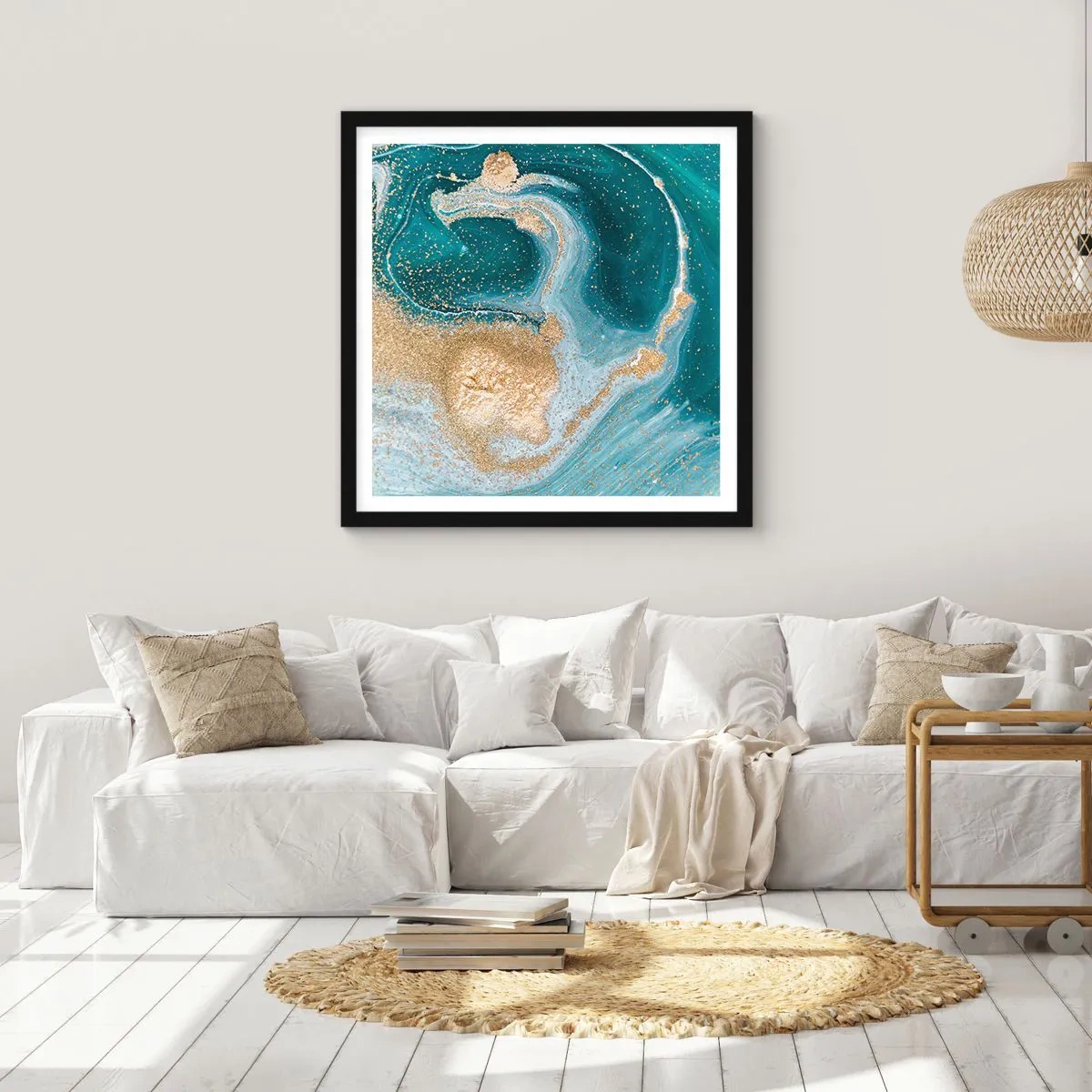 Affiche dans un cadre noir - Poster - Tourbillon d'or et de turquoise - 40x40 cm