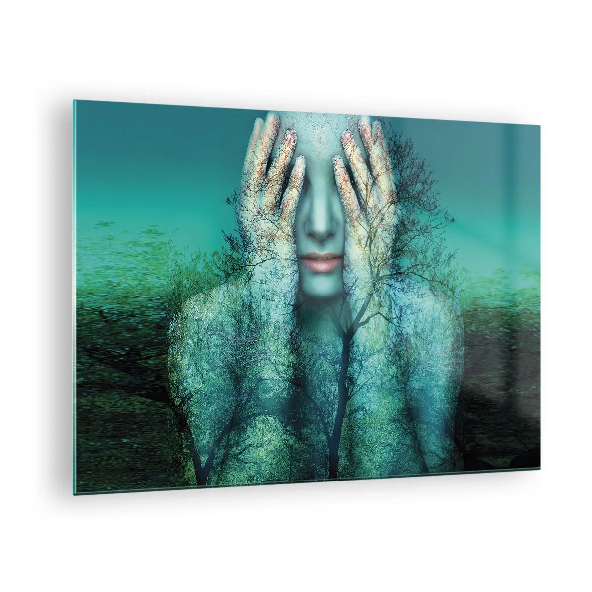 Impression sur verre - Image sur verre - Un visage de femme avec un motif d'arbre dans un décor surréaliste - 70x50cm - immergé dans l'azur - Décoration murale moderne pour le salon et la chambre ARTTOR