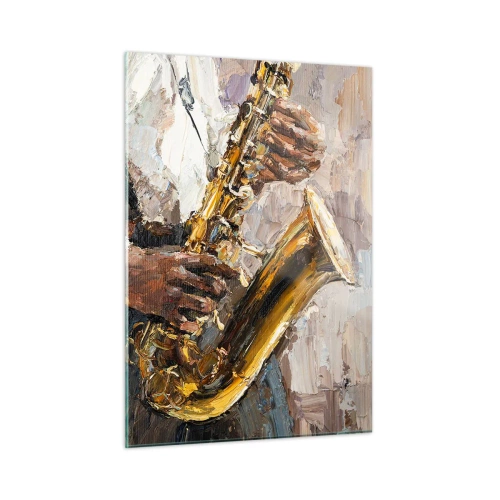 Impression sur verre - Image sur verre - Un musicien jouant du saxophone peint en utilisant la technique de l'empâtement - 50x70cm - C'est l'heure du solo - Décoration murale moderne pour le salon et la chambre ARTTOR