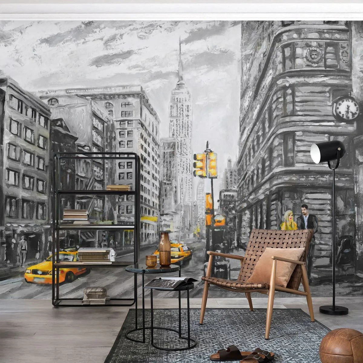 Papier Peint Photo Premium Sand - Rue de New York aux accents jaunes - 100x70cm - Une histoire new-yorkaise - Décoration murale moderne pour le salon et la chambre ARTTOR