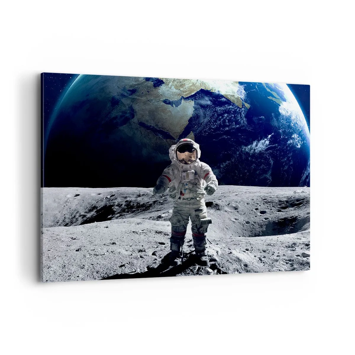 Impression sur toile - Image sur toile - Astronaute à la surface de la Lune avec la Terre en arrière-plan - 100x70cm - Salutations de la lune - Décoration murale moderne pour le salon et la chambre ARTTOR