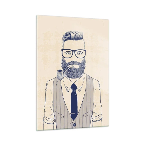 Impression sur verre - Image sur verre - Un homme stylisé avec une barbe, des lunettes et une pipe sur un fond clair. - 50x70cm - Gai, masculin et à la mode - Décoration murale moderne pour le salon et la chambre ARTTOR