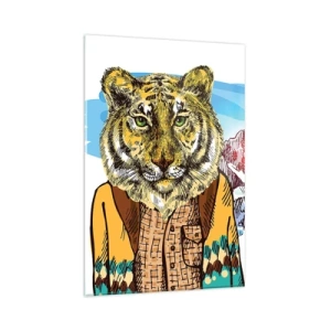 Impression sur verre - Image sur verre - Un tigre dans un manteau sur un paysage de montagne - 80x120cm - Pas aussi sauvage qu'ils le décrivent - Décoration murale moderne pour le salon et la chambre ARTTOR