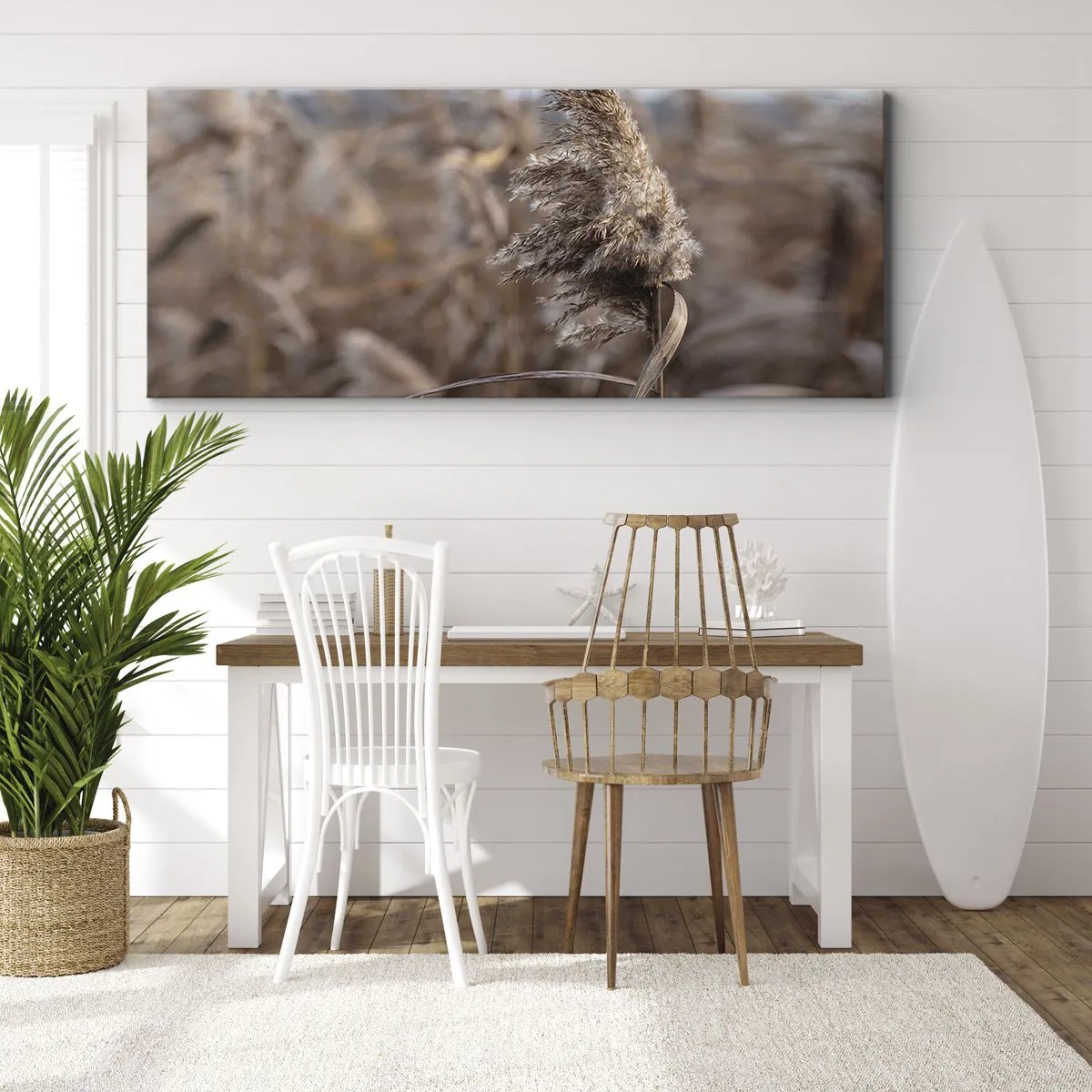 Impression sur toile - Image sur toile - Graminées délicates dans des tons beiges sur fond de nature - 120x50cm - Il est temps de s'envoler avec le vent - Décoration murale moderne pour le salon et la chambre ARTTOR