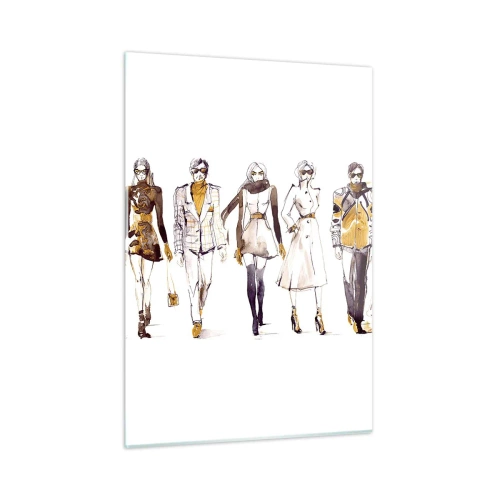 Impression sur verre - Image sur verre - Groupe de personnages à la mode dans un style croquis sur fond blanc - 50x70cm - Chic décontracté, élégance décontractée - Décoration murale moderne pour le salon et la chambre ARTTOR