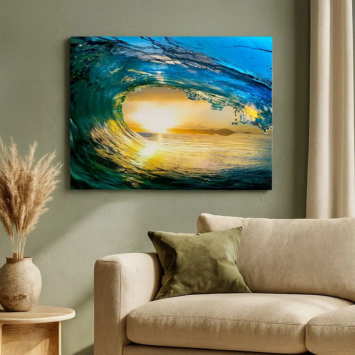 Impression sur toile - Image sur toile - Vague de l'océan au soleil avec vue sur l'horizon - 70x50cm - Dans un éclat émeraude-or - Décoration murale moderne pour le salon et la chambre ARTTOR