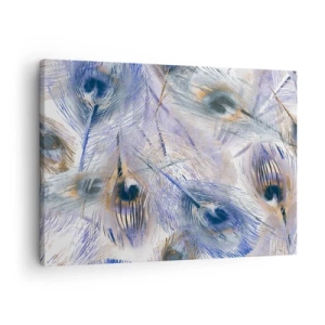Impression sur toile - Image sur toile - Un motif avec des plumes de paon dans des tons de bleu et d'or - 70x50cm - Composition de paon - Décoration murale moderne pour le salon et la chambre ARTTOR