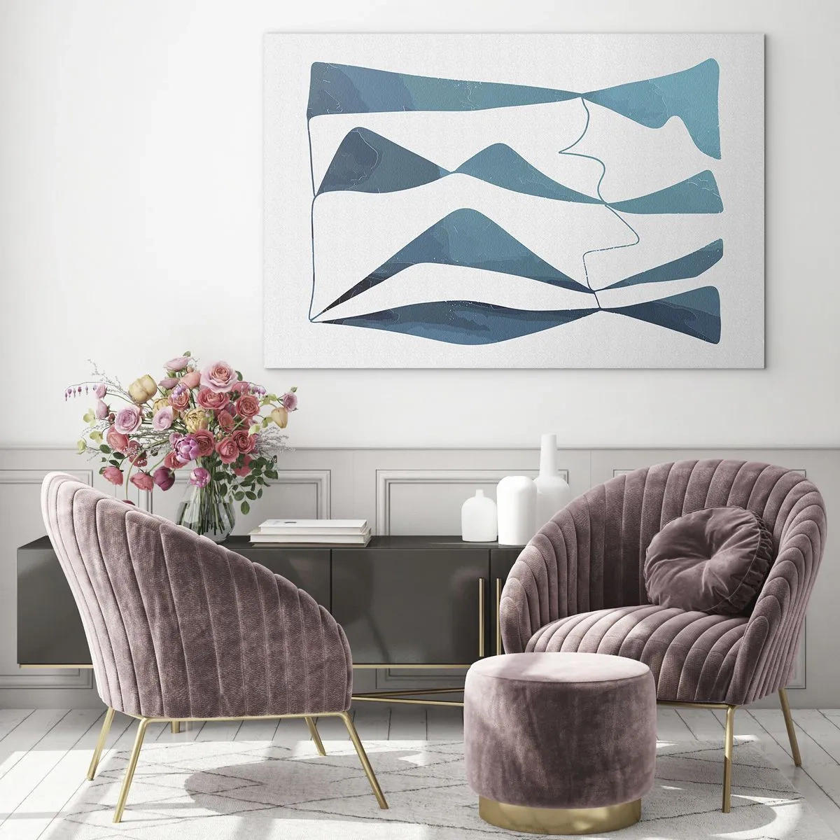 Impression sur verre - Image sur verre - Vagues et formes turquoise sur fond blanc - 120x80cm - Abstraction : composé turquoise - Décoration murale moderne pour le salon et la chambre ARTTOR