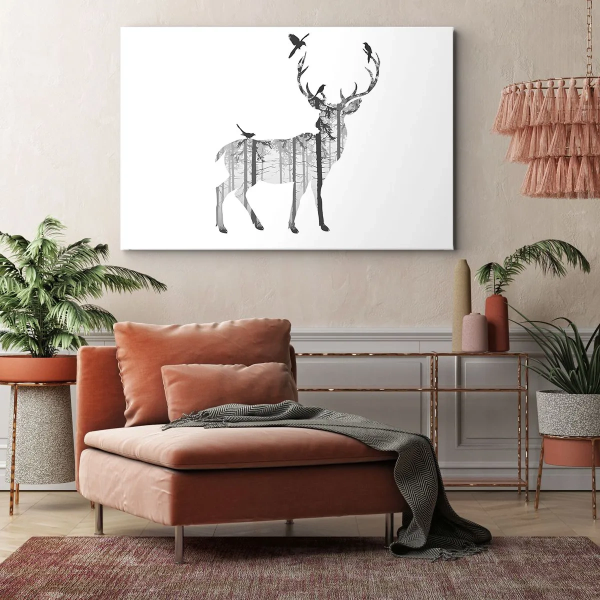 Impression sur toile - Image sur toile - Silhouette d'un cerf avec forêt et oiseaux - 70x50cm - La bonne âme de la forêt - Décoration murale moderne pour le salon et la chambre ARTTOR