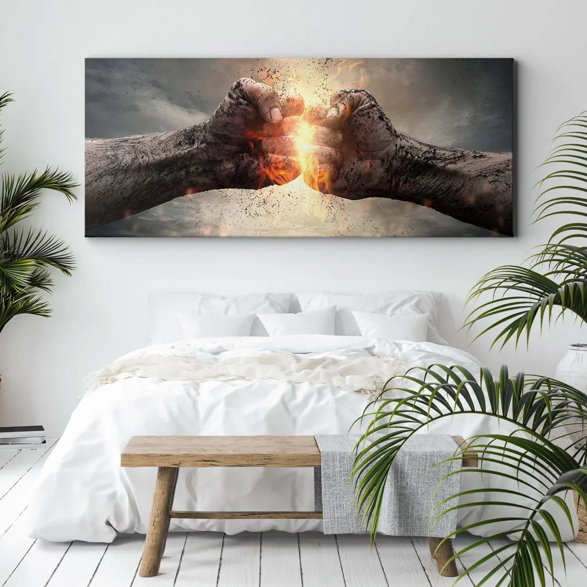 Impression sur toile - Image sur toile - Poings serrés dans une scène d'incendie dynamique - 160x50cm - Lève-toi pour le combat - Décoration murale moderne pour le salon et la chambre ARTTOR