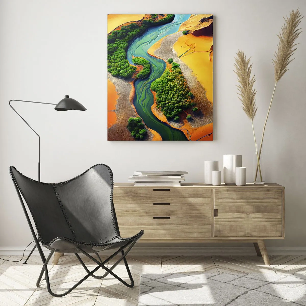 Impression sur verre - Image sur verre - Des oasis vertes et une rivière parmi des dunes oranges - 50x70cm - Rivière vivifiante - Décoration murale moderne pour le salon et la chambre ARTTOR