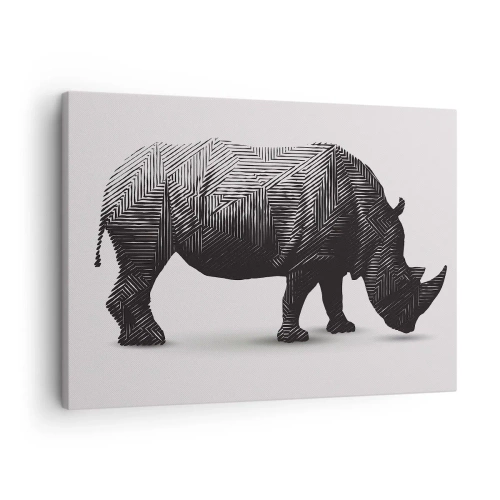 Impression sur toile - Image sur toile - Silhouette graphique d'un rhinocéros dans un motif noir et blanc - 70x50cm - Beauté géométrique de la nature - Décoration murale moderne pour le salon et la chambre ARTTOR