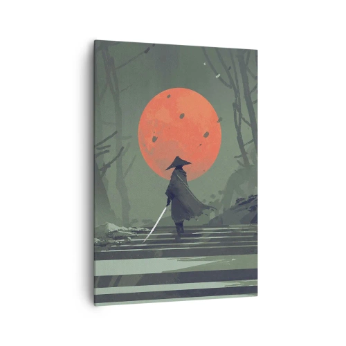 Impression sur toile - Image sur toile - Un guerrier solitaire avec une épée sur fond de lune rouge dans une forêt sombre. - 70x100cm - Guerrier de la lune rouge - Décoration murale moderne pour le salon et la chambre ARTTOR
