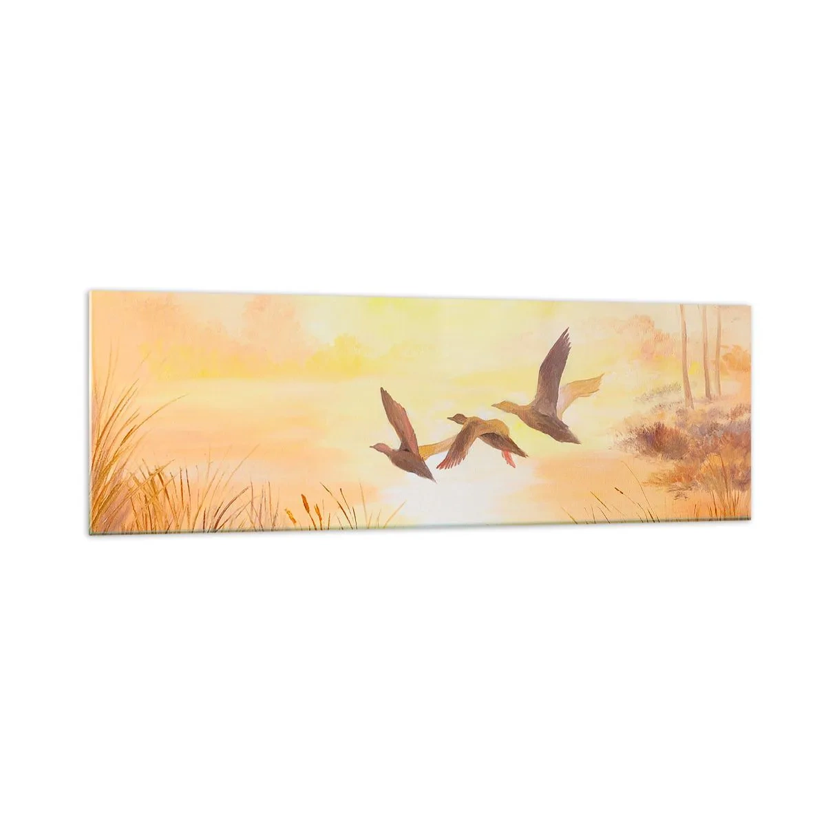 Impression sur verre - Image sur verre - Canards volant au lever du soleil au-dessus du lac - 160x50cm - Le début d'un long voyage - Décoration murale moderne pour le salon et la chambre ARTTOR