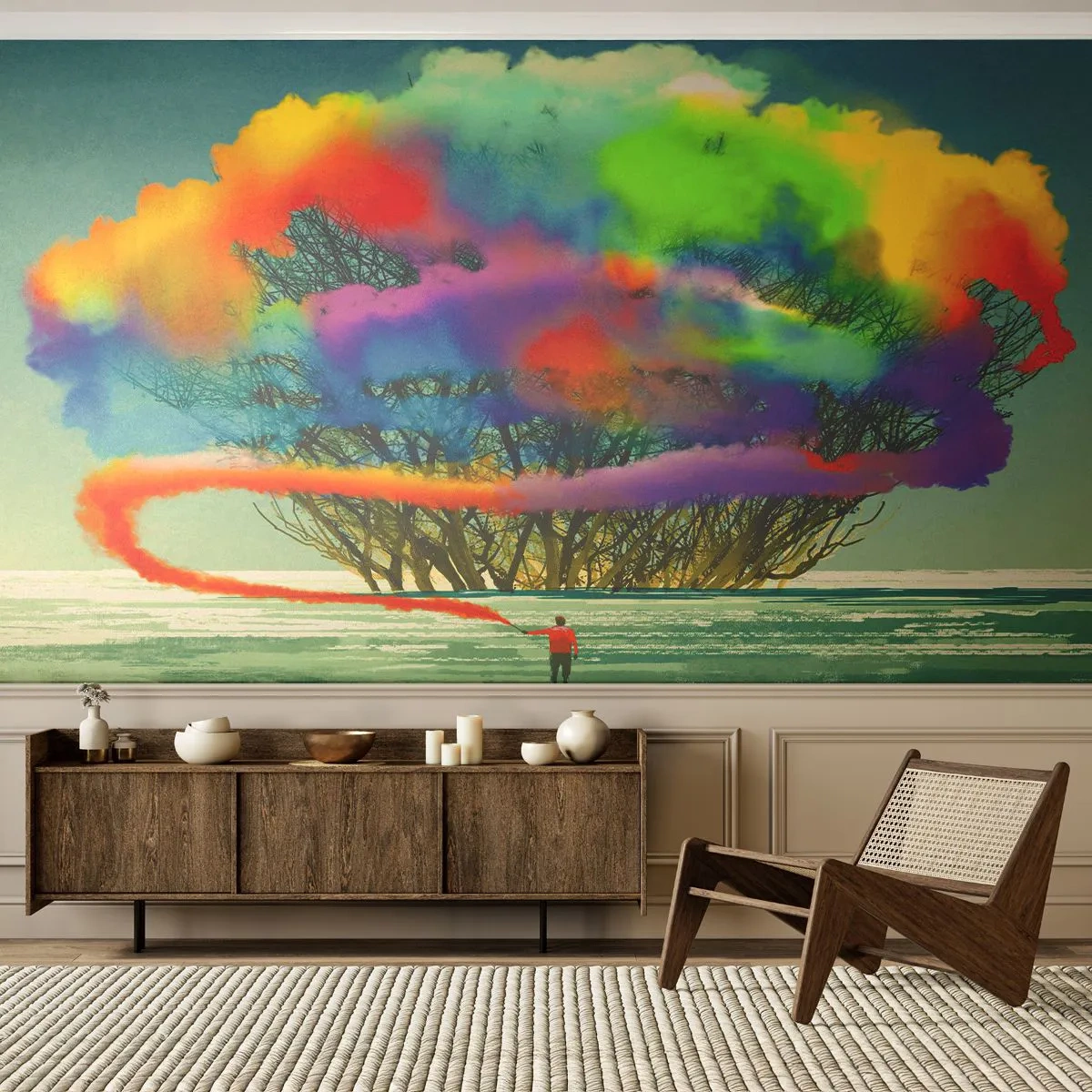 Papier Peint Photo Premium Sand - Un arbre entouré de fumée colorée et une silhouette avec une fusée éclairante - 100x70cm - Donner vie à ce monde - Décoration murale moderne pour le salon et la chambre ARTTOR