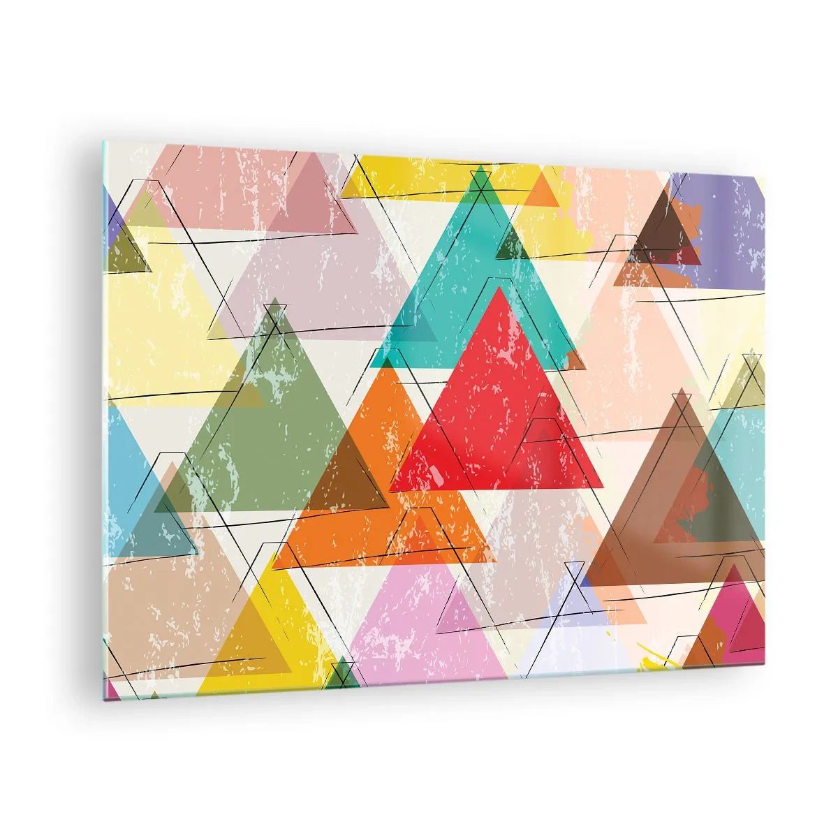 Impression sur verre - Image sur verre - Motif abstrait de triangles de différentes couleurs - 70x50cm - Trois par trois - Décoration murale moderne pour le salon et la chambre ARTTOR