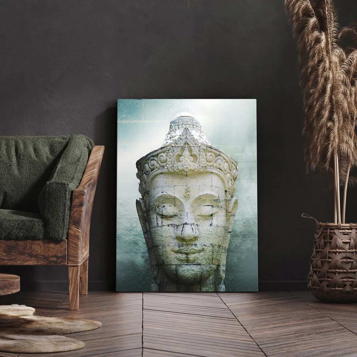 Impression sur toile - Image sur toile - Statue de Bouddha avec une douce brume sur un fond vert - 70x100cm - A la recherche de la lumière - Décoration murale moderne pour le salon et la chambre ARTTOR